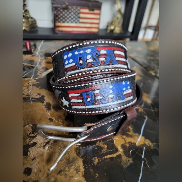 USA Flag Leather Belt Vintage Western Country Cowboy Patriotic Sz 42